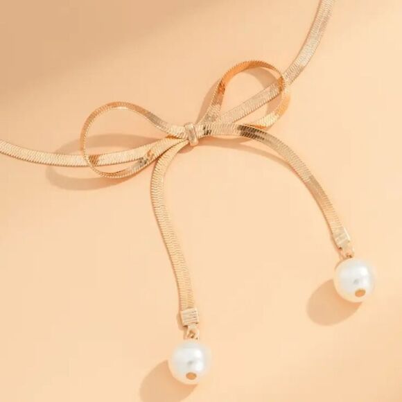 Bohemian Bow Choker Pearl Pendant Necklace on Gold or Silver Plated Tone - Picture 3 of 13